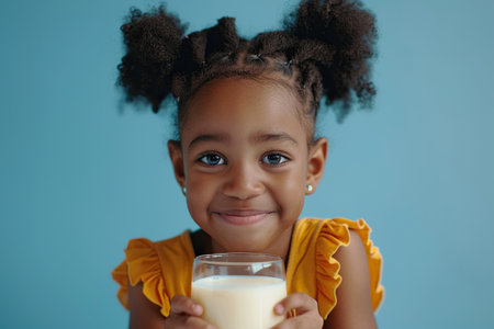 Happy African American little girl with glass of milk isolated on blue backgroundの素材