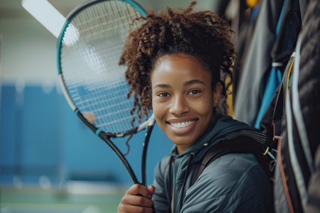 In the locker room, African American female athlete prepares and dresses, smiling and holding a racket, before the game, competition, or training. Sportswoman sitting in changing roomの素材