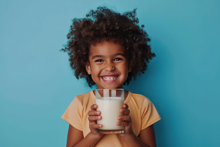 Happy African American little girl with glass of milk isolated on blue backgroundの素材