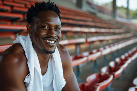 Smiling male athlete after running training sport exercise, with towel. African American man sitting on empty stadium stands and stairsの素材