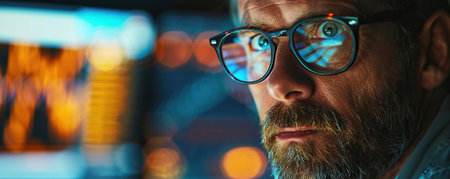 Portrait of a Handsome Stock Market Trader Working in a Stock Exchange Company. Adult Man in Concentrated on a Task, Researching Investment Possibilities for International Business Corporationの素材