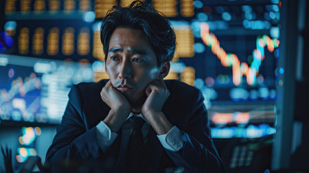 Sad and depressed businessman at office. Wear suit. at night. Looking at trading graph computer screen.の素材