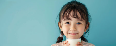 Happy Japanese little girl with glass of milk isolated on blue backgroundの素材