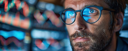 Portrait of a Handsome Stock Market Trader Working in a Stock Exchange Company. Adult Man in Concentrated on a Task, Researching Investment Possibilities for International Business Corporationの素材
