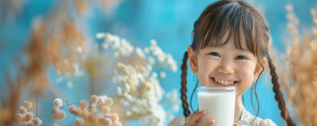 Happy Japanese little girl with glass of milk isolated on blue backgroundの素材