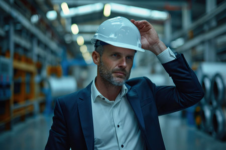 Portrait of Successful Caucasian Male Engineer Putting On a White Hard Hat at Electronics Manufacturing Factory. Heavy Industry Specialist Thinking About Advanced Technology Projects On Production.の素材