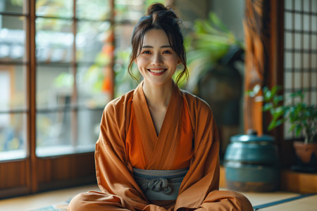 Happy Japanese woman sitting on the floorの素材