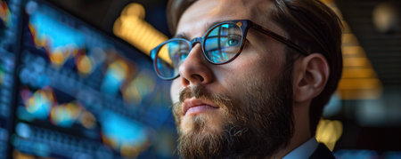 Portrait of a Handsome Stock Market Trader Working in a Stock Exchange Company. Adult Man in Concentrated on a Task, Researching Investment Possibilities for International Business Corporationの素材