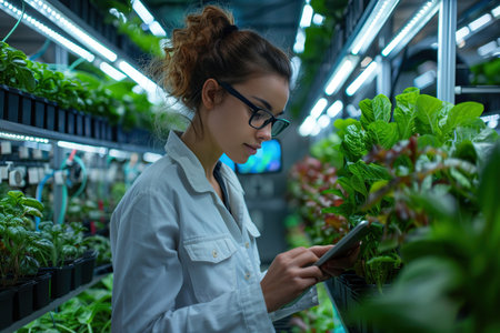 Portrait of Vertical Farm Technical Specialist Working in a Facility with Ultraviolet LED Lights. Female Hydroponics Engineer Using Tablet Computer in Order to Optimize Crops Growing Potentialの素材