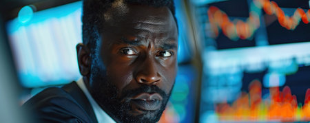 Talented African American Stock Exchange Investor Working on Desktop Computer, Day Trading Company Shares, Valuable Technology Investments, Communicating with Clients. Portrait of a male Specialistの素材