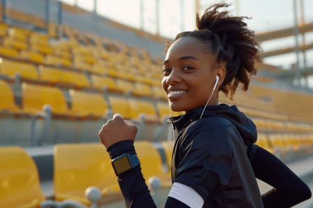 sport female athlete during running training and jogging, smiling African American woman look a fitness smartwatch, wear earphones and smartphone to armband. Utilizing empty stadium stands and stairsの素材