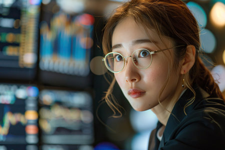 Talented Japanese Stock Exchange Investor Working on Desktop Computer, Day Trading Company Shares, Valuable Technology Investments, Communicating with Clients. Portrait of a Female Specialistの素材