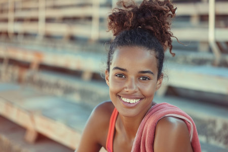 Smiling female athlete after running training sport exercise, with towel. African American woman sitting on empty stadium stands and stairsの素材
