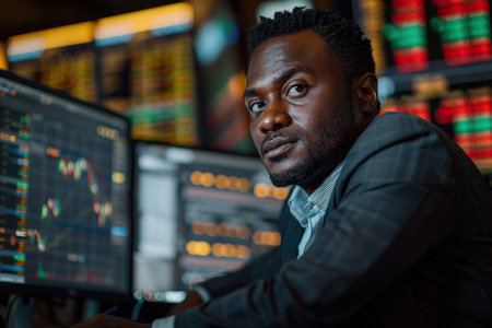 Talented African American Stock Exchange Investor Working on Desktop Computer, Day Trading Company Shares, Valuable Technology Investments, Communicating with Clients. Portrait of a male Specialistの素材