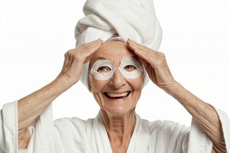 Skincare. Very happy old Caucasian woman laughing, applying cosmetic eye patches mask, reduces wrinkles, wears wrapped towel on head, isolated on white background. Facial treatment, beauty and spa conceptの素材