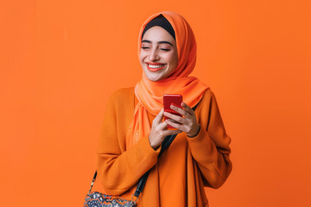 A joyful Arab woman, in her late 20s, smiles warmly while recommending a smartphone app on a vibrant orange background, radiating positivity and enthusiasm.の素材