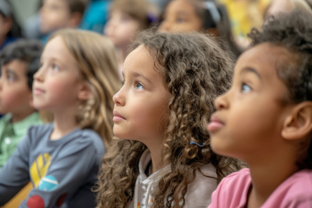 Elementary school students sit attentively, vocalizing vowel sounds with curiosity and concentration, actively participating in their language learning journey.の素材
