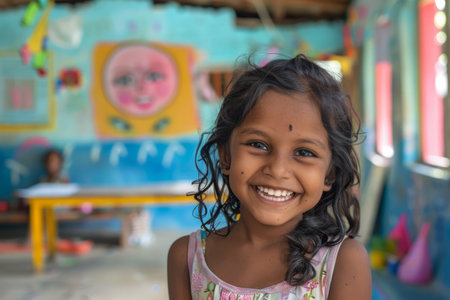 An Indian girl smiles happily in an art and creativity class, finding joy and fulfillment in the process of creating something beautiful.の素材
