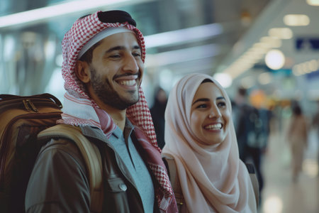 A delighted Arab man and woman, in their late 20s, board a plane at the airport, eagerly embarking on a summer vacation filled with happiness and love.の素材