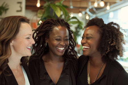 Three businesswomen share joyful smiles in the office, reflecting their shared commitment to success and mutual respect.の素材