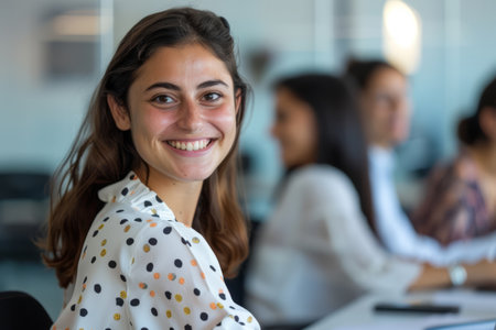 Exuding confidence, a young Spanish female entrepreneur smiles warmly in the office boardroom meeting, demonstrating her competence and determination.の素材