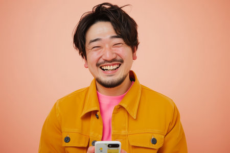 A Japanese man smiles brightly while recommending a vibrant mobile app on a peach background, his positive energy contagious.の素材
