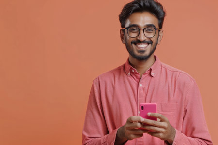 An Indian man smiles warmly as he recommends a vibrant mobile app on a peach background, his genuine endorsement resonating with viewers.の素材