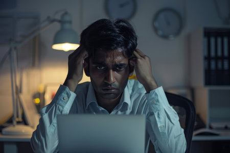 A troubled Indian businessman deals with workplace challenges in the office, his countenance revealing the weight of his responsibilities.の素材
