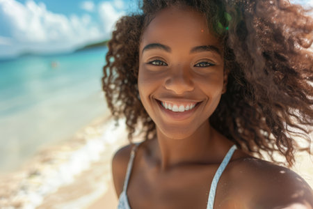 A stunning young black woman captures a selfie while strolling on the beach, her delightful smile directed at the camera, encapsulating the essence of summer vacation, technology, and a healthy lifestyle.の素材