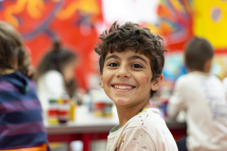 An enthusiastic Spanish boy smiles brightly in an art and creativity class, his passion for art evident in his cheerful expression.の素材
