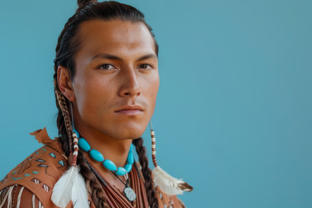 Self-assured Native American gentleman showcasing stylish braided hair and adorned with jewelry against a blue backdrop.の素材