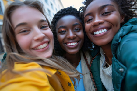 Three vibrant young women, representing different ethnicities, documenting their city exploration with a cheerful selfie - Smiling faces of multicultural females enjoying a day out - Evoking the themes of companionship and the thrill of discovering new places.の素材