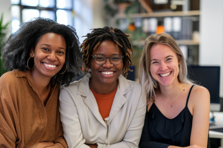 Three businesswomen smile warmly in the office, symbolizing empowerment and collaboration as they work towards shared goals. --ar 3:2 --style raw Job ID: 3c48bfbf-e2d2-4ea1-98bc-8698a8efadcdの素材