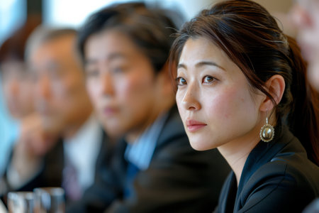 A Japanese businesswoman participates actively in a meeting, listening to discussions with focus.の素材