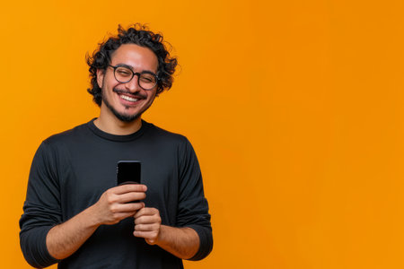 A cheerful Arab man, in his early 30s, smiles confidently while recommending a smartphone app on a vibrant orange background, displaying his tech expertise and charisma.の素材