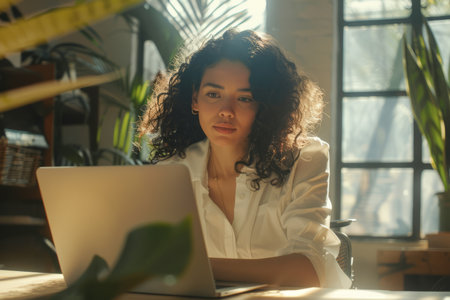 A positive Latina woman concentrates on her laptop in a sunny office, reflecting success and positivity in her work.の素材