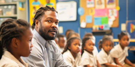 An African-American male teacher mentors primary school children in a class, fostering a nurturing learning environment.の素材