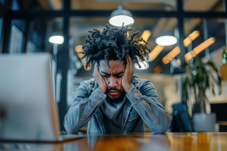 A burdened African-American male professional grapples with work challenges in the office, his demeanor reflecting the stress of the situation.の素材