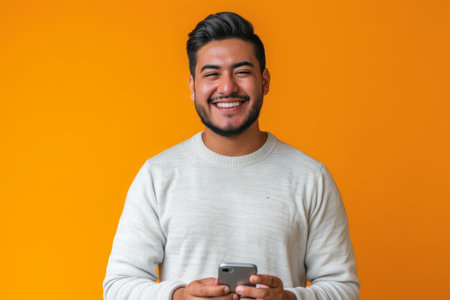 An enthusiastic Latina man, in his late 20s, smiles warmly as he recommends a smartphone app on a vibrant orange background, showing his engaging personality and persuasive abilities.の素材