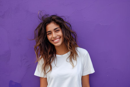 A smiling Latina woman happily pays with a card against a vibrant purple background, demonstrating modernity and financial confidence. -の素材