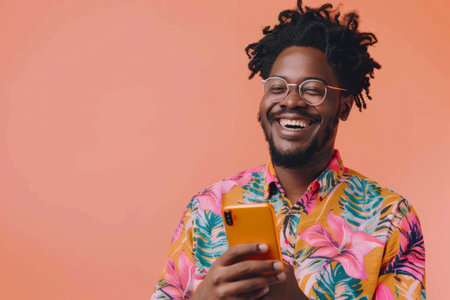 An Afro-American man smiles confidently while recommending a vibrant mobile app on a peach background, his enthusiastic drawing attention.の素材