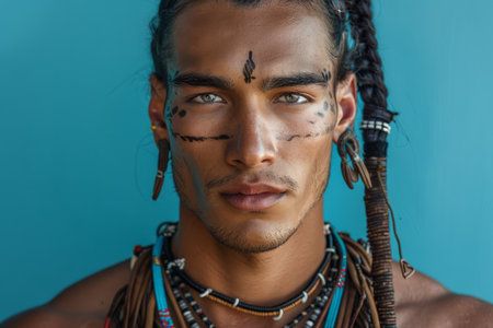 Confident indigenous man with impeccably braided hair and decorative jewelry posing against a blue background.の素材
