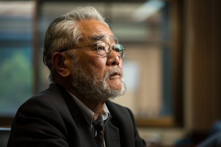 A Japanese businessman carefully listens to a discussion in a conference room setting.の素材