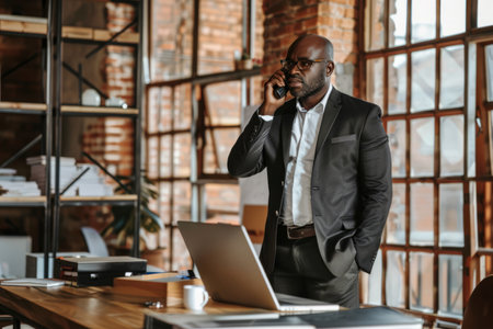 A focused businessman discusses company success on the phone while standing at his office desk, conveying determination and professionalism.の素材