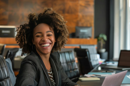 A delighted businesswoman expresses joy as she sits in the office boardroom with her laptop, smiling warmly.の素材