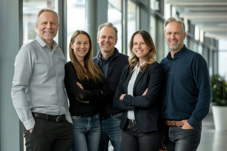 A successful business team stands together in the office, smiling confidently and looking at the camera.の素材