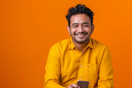 A vibrant Indian man, in his mid-30s, smiles brightly while recommending a smartphone app on a vibrant orange background, exuding confidence and tech proficiency.の素材