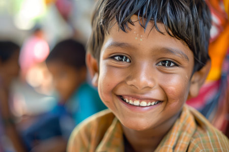 An Indian boy grins happily in an art and creativity class, enjoying the opportunity to unleash his imagination and creativity.の素材