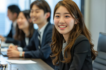 In the professional setting, a young Japanese female entrepreneur wears a confident smile during the boardroom meeting, demonstrating her readiness to seize opportunities and overcome challenges.の素材