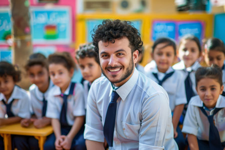 An Arab male teacher guides primary school children in a class, offering mentorship and encouragement.の素材